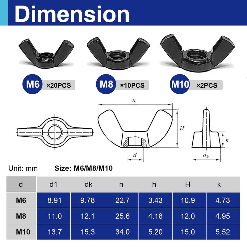 Usdrwam 32PCS 3 Size M6 M8 M10 Metric Wing Nuts Assorted kit, Zinc Plating-Black Wing Nuts Butterfly Fasteners, Hand Twist Tighten Ear Butterfly Nut Kitfor Easy Assembly and Secure Fit Furniture - Image 2